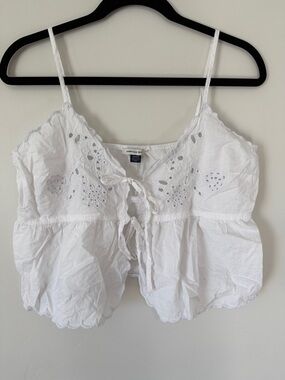 American Eagle White Eyelet Tie-Front Cropped Tank